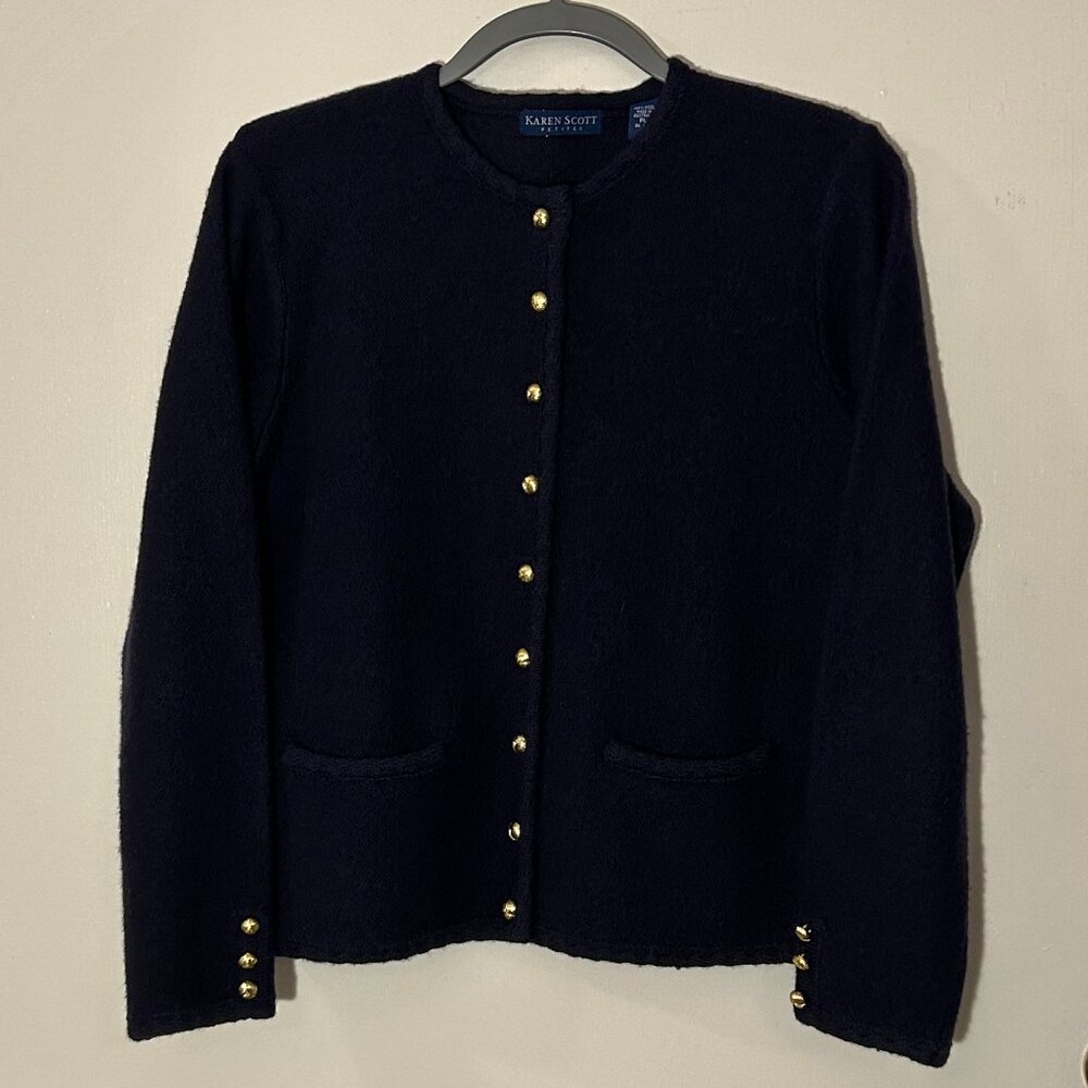 Vintage Karen Scott Wool Sweater Womens Petite Large Navy Blue Gold Buttons